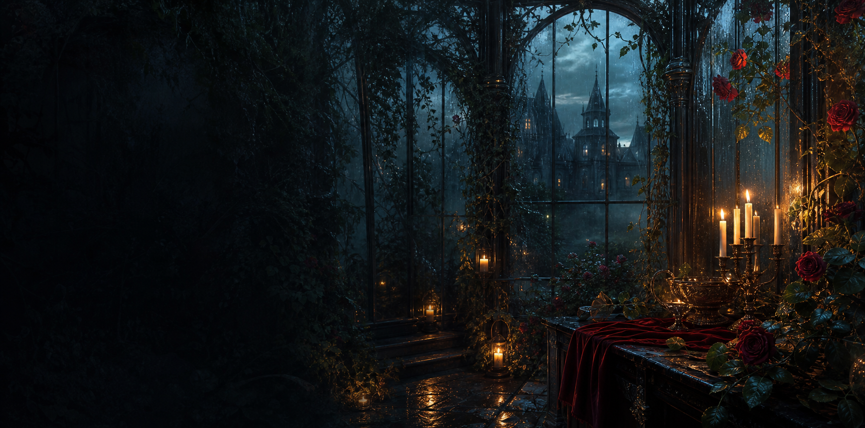 Rainy gothic greenhouse at twilight with candlelight and vines